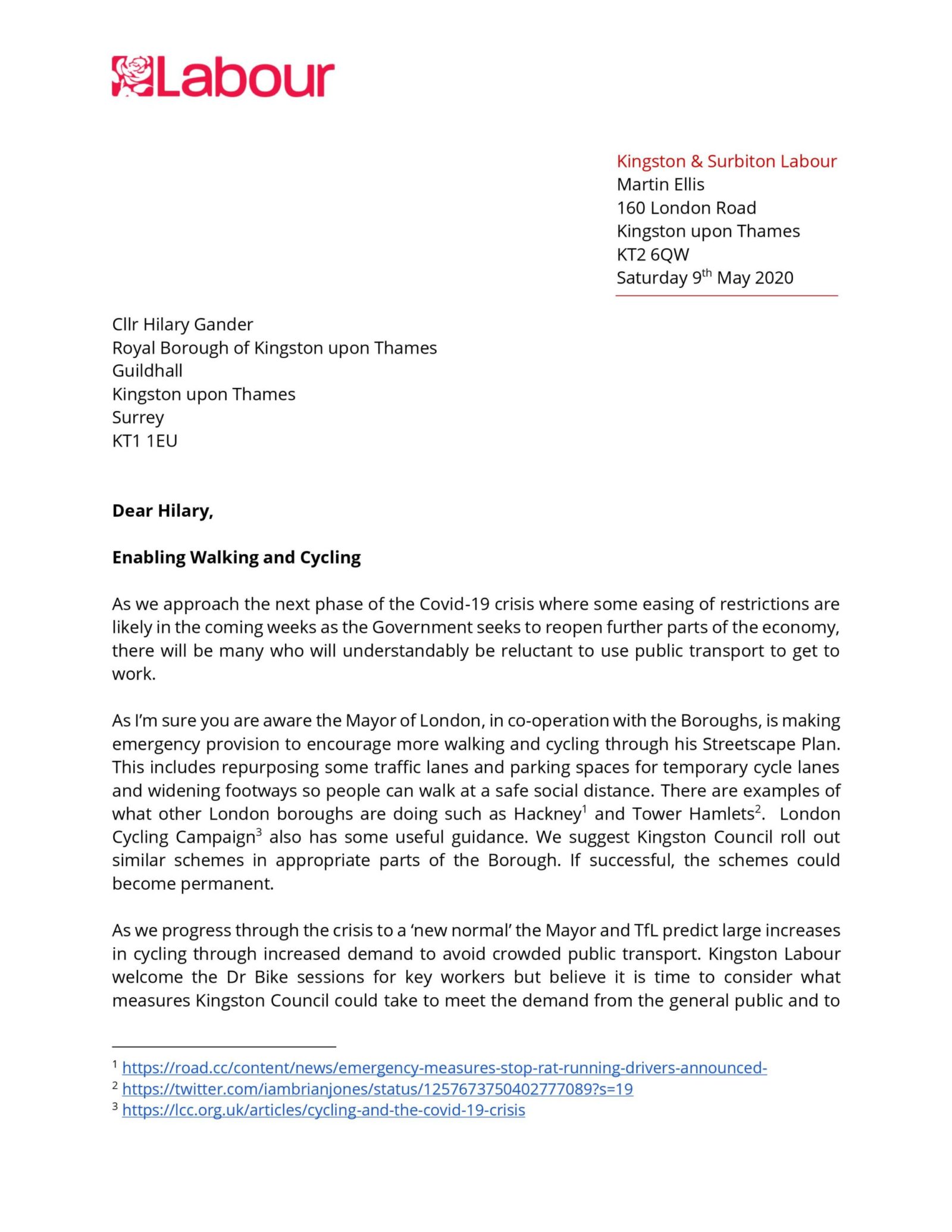 Letter to Council re Cycling & Walking