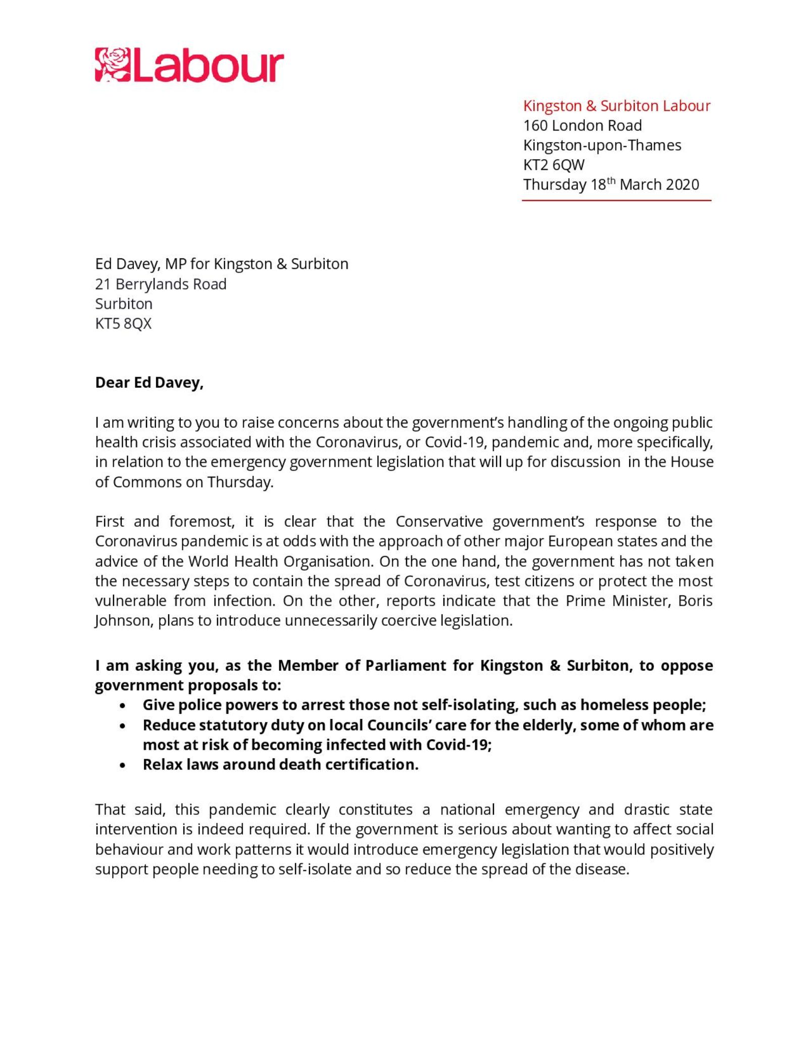 Letter to MP regarding Coronavirus Legislation