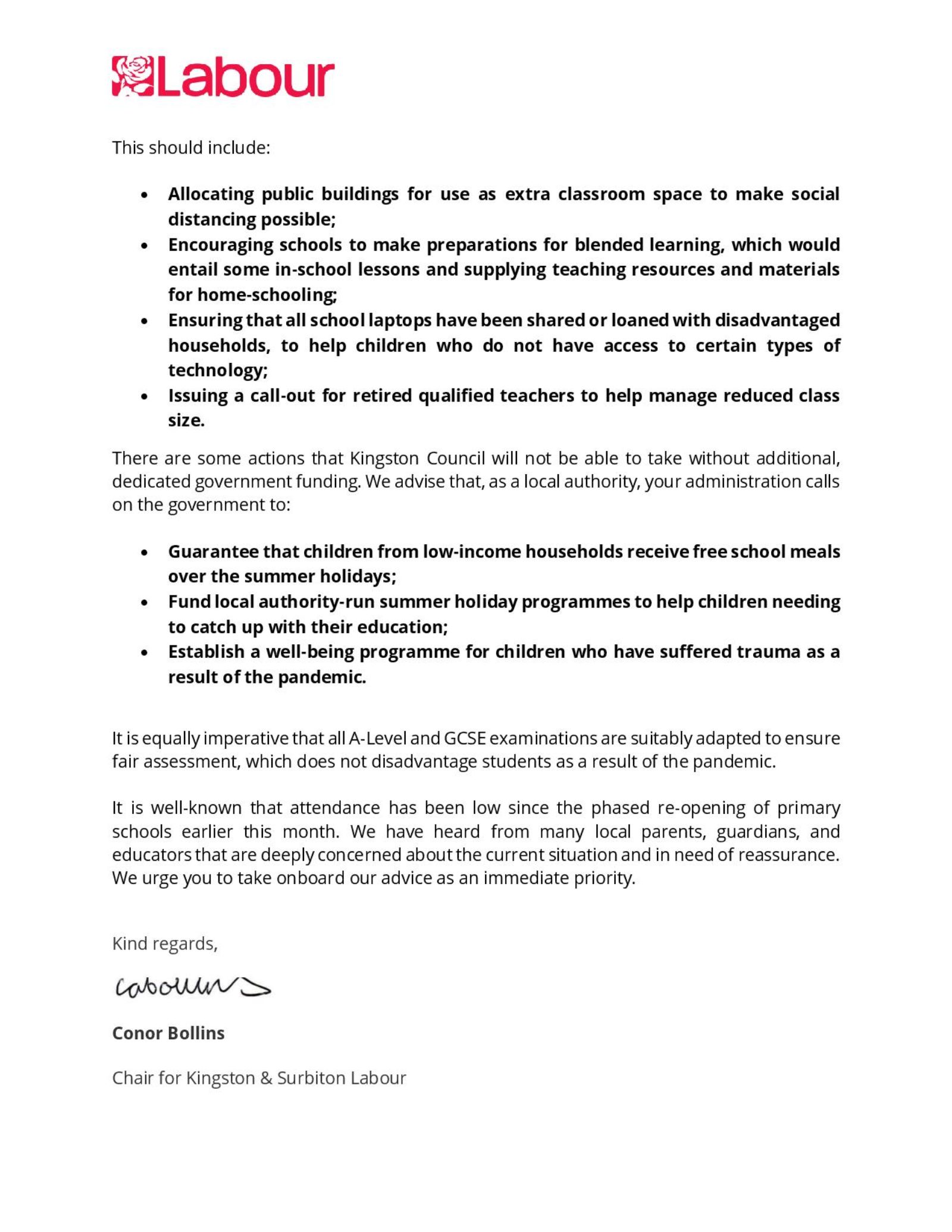 Letter to Council re School Recovery