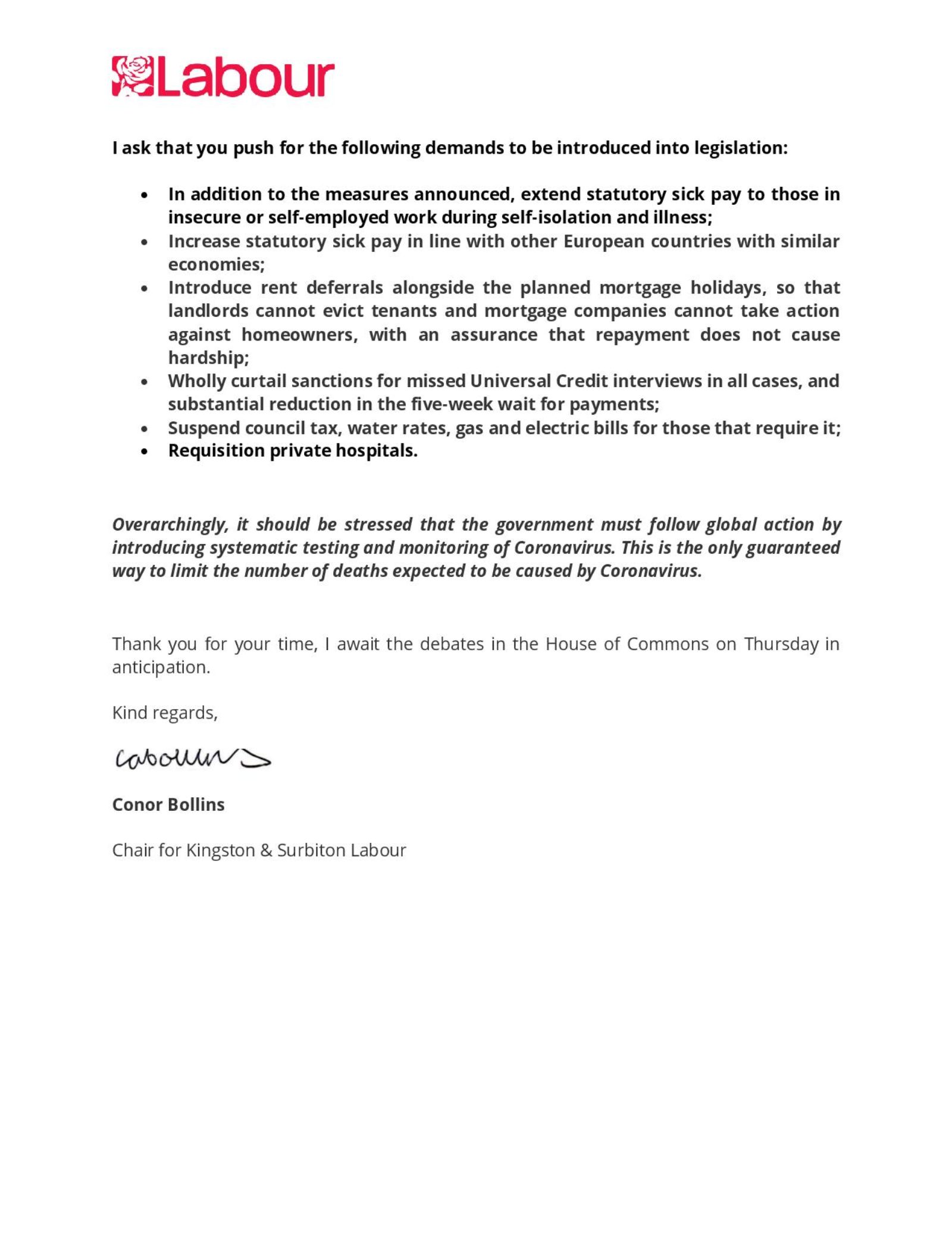 Letter to MP regarding Coronavirus Legislation