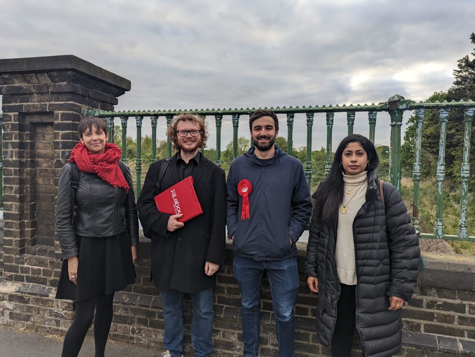 Labour GLA members Sakina Sheikh and Elly Baker with Surbiton Candidates Charlie Deacon and Conor Bollins